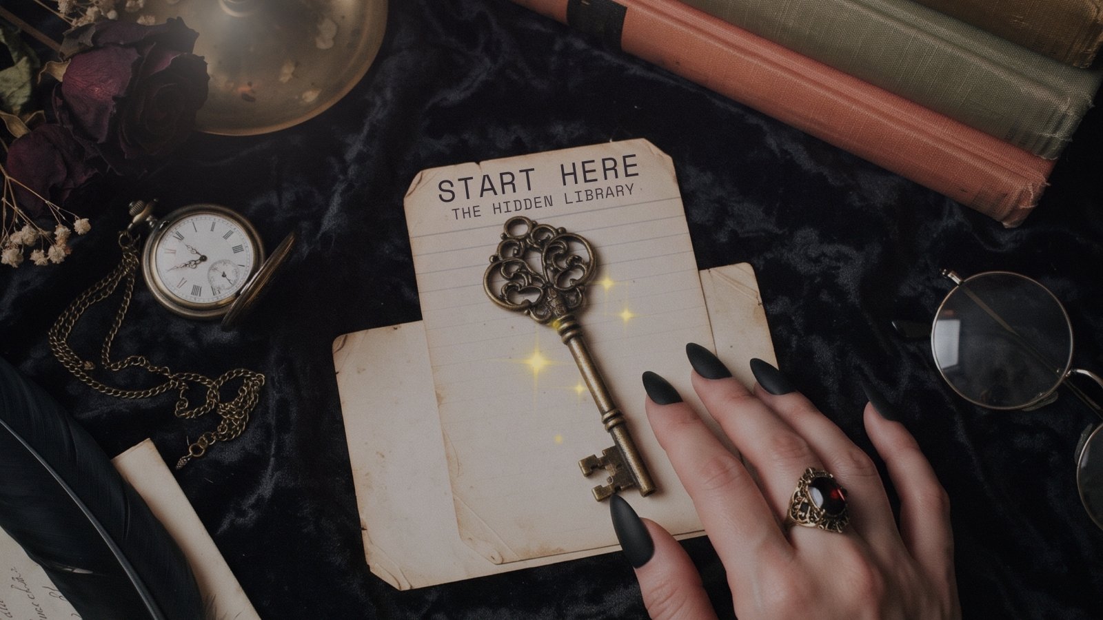 Antique brass key resting on a handwritten Hidden Library card, surrounded by vintage books, candlelight, dried roses, and a pocket watch on black velvet.